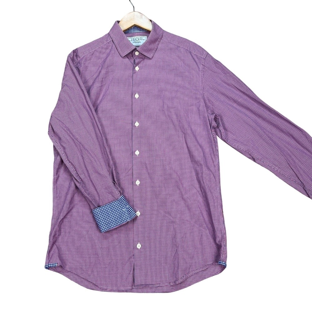 Charles Tyrwhitt Button Down Shirt Mens 15.5/33 Pink Blue Micro Check Flip Cuff